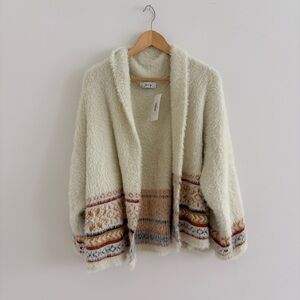 Cozy Ivory Open Cardigan with Multicolor Fair Isle Trim